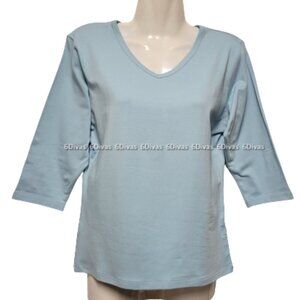 𝅺BLUE Bamboo Blouse Top  V Neck 3/4 Sleeve Top- Size L - NWOT